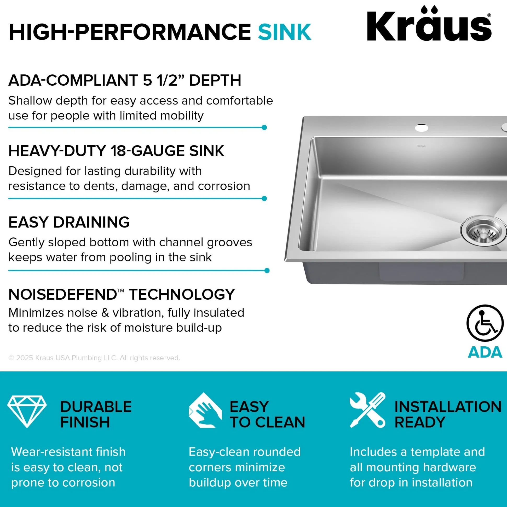 25” ADA Compliant Drop In / Top Mount Single Bowl 18-Gauge Stainless Steel Kitchen Sink