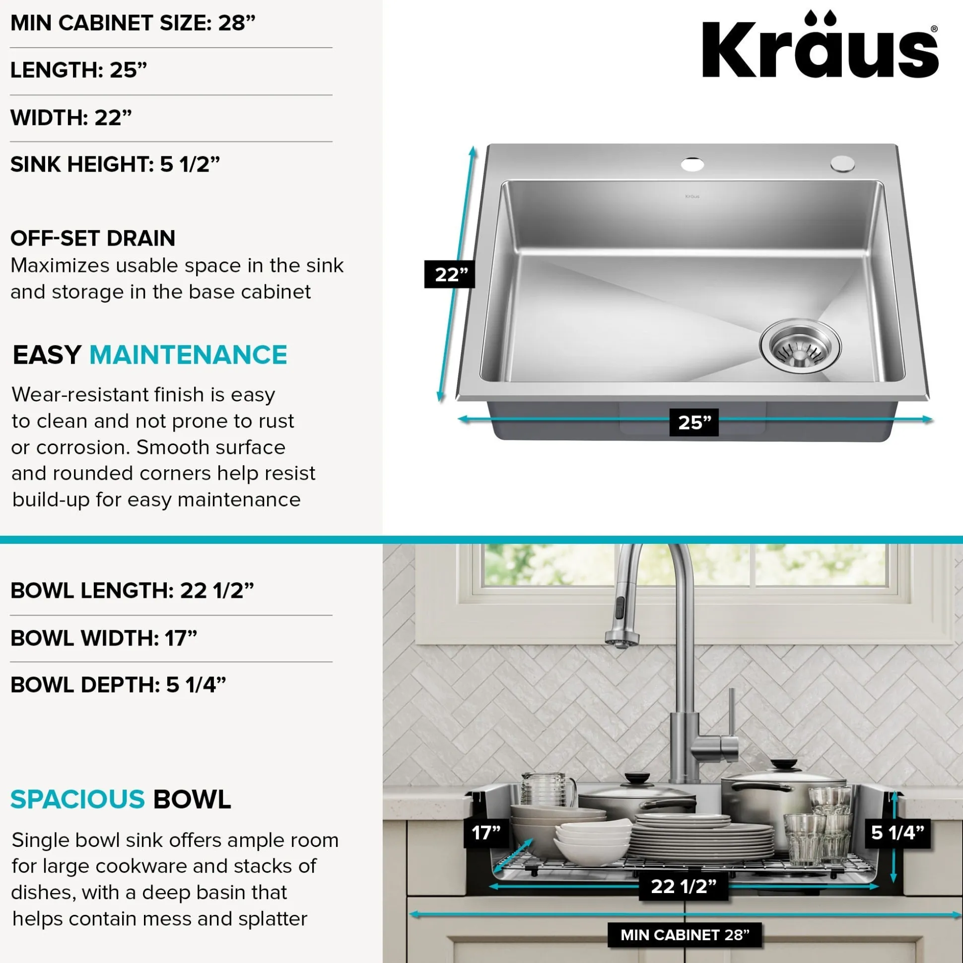 25” ADA Compliant Drop In / Top Mount Single Bowl 18-Gauge Stainless Steel Kitchen Sink