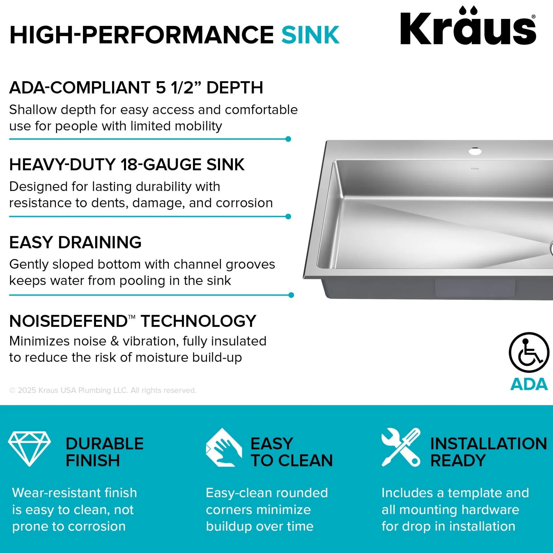33” ADA Compliant Drop In / Top Mount Single Bowl 18-Gauge Stainless Steel Kitchen Sink
