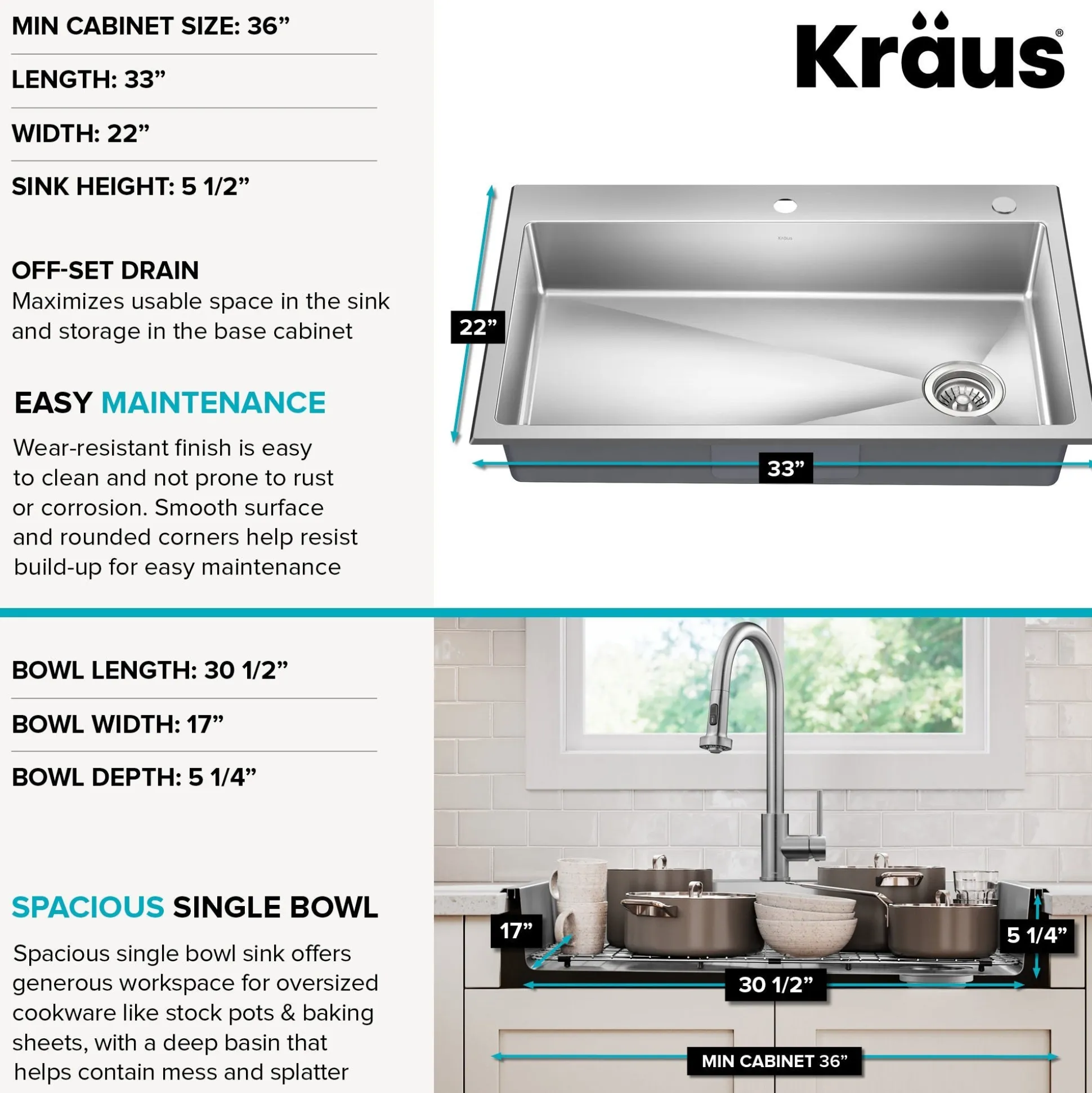 33” ADA Compliant Drop In / Top Mount Single Bowl 18-Gauge Stainless Steel Kitchen Sink