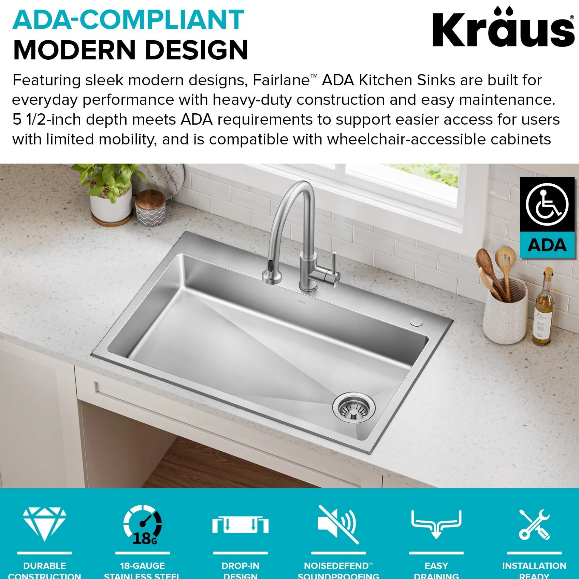 33” ADA Compliant Drop In / Top Mount Single Bowl 18-Gauge Stainless Steel Kitchen Sink