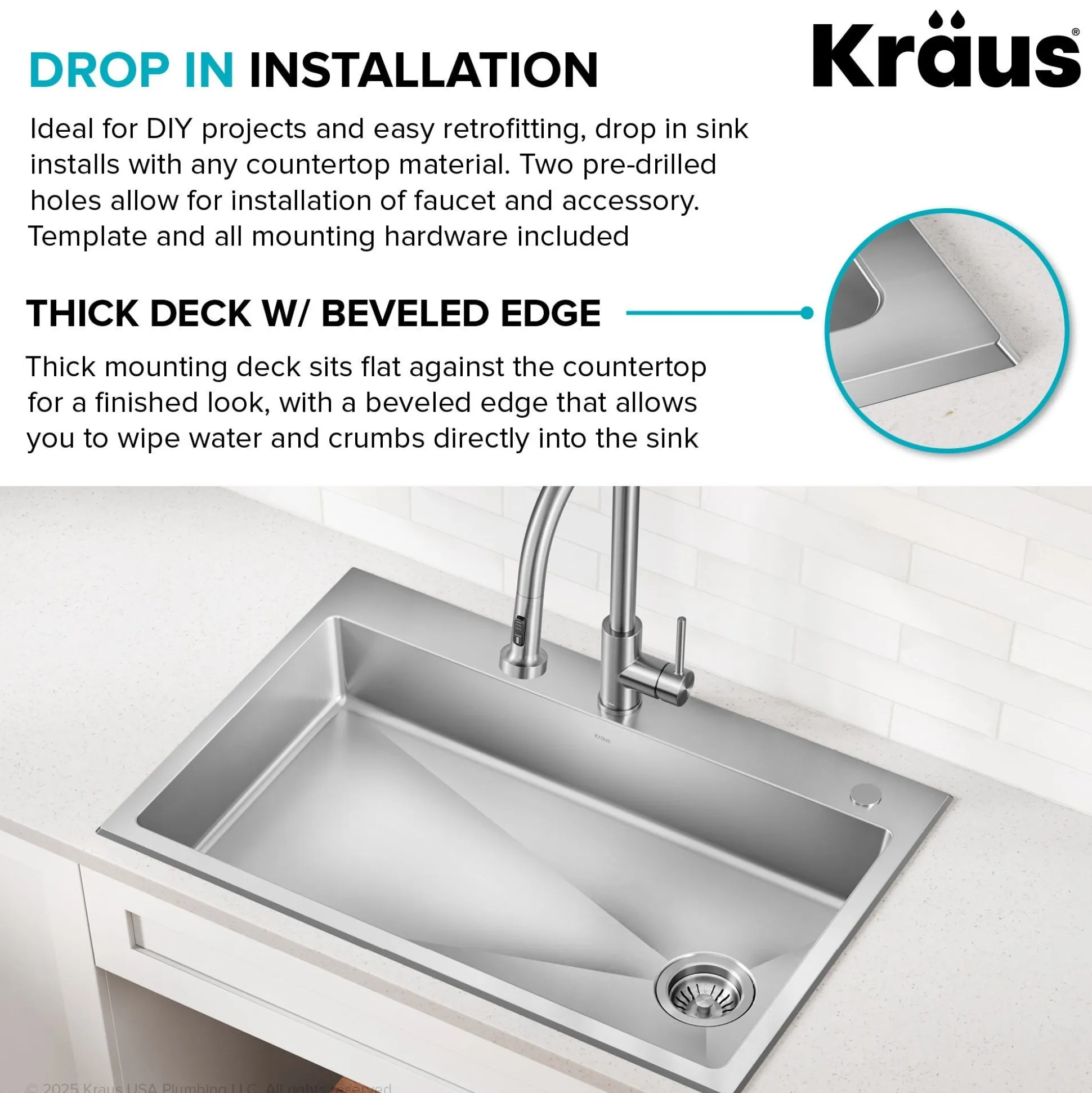 33” ADA Compliant Drop In / Top Mount Single Bowl 18-Gauge Stainless Steel Kitchen Sink