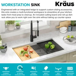 ADA Workstation 32" Undermount 16 Gauge Stainless Steel Single Bowl Kitchen Sink with Accessories