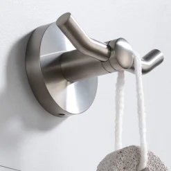 Bathroom Robe and Towel Double Hook in Brushed Nickel