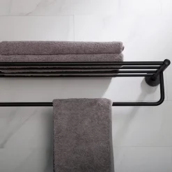 Bathroom Shelf with Towel Bar in Matte Black