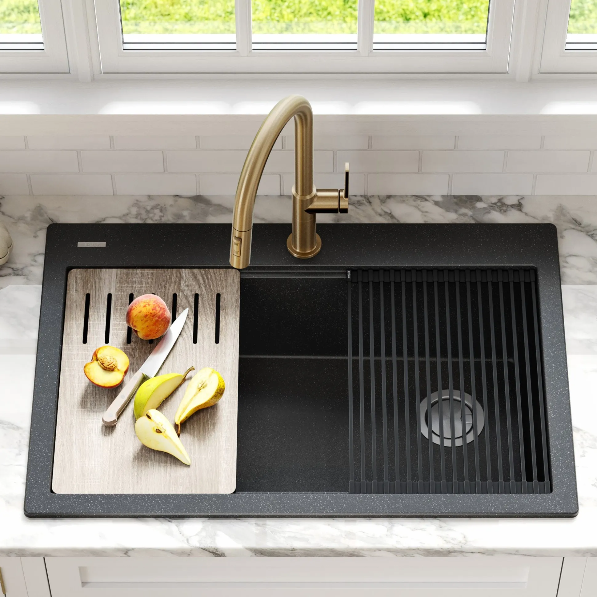 Bellucci Workstation 33 in. Drop-In Granite Composite Single Bowl Kitchen Sink in Metallic Black with Accessories with WasteGuard™ Continuous Feed Garbage Disposal