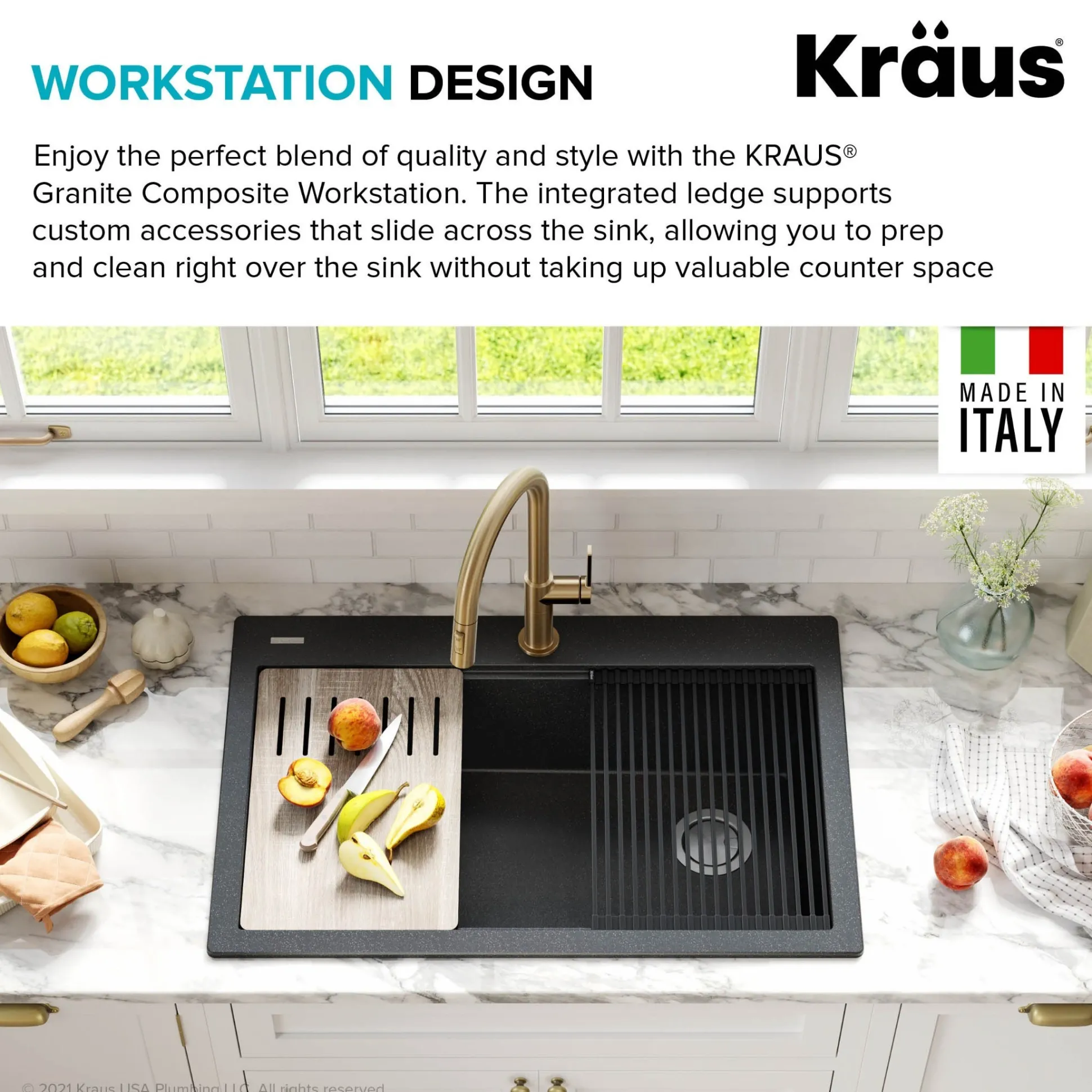 Bellucci Workstation 33 in. Drop-In Granite Composite Single Bowl Kitchen Sink in Metallic Black with Accessories with WasteGuard™ Continuous Feed Garbage Disposal