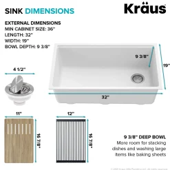 Bellucci Workstation 32 in. Undermount Granite Composite Single Bowl Kitchen Sink in White with Accessories with WasteGuard™ Continuous Feed Garbage Disposal