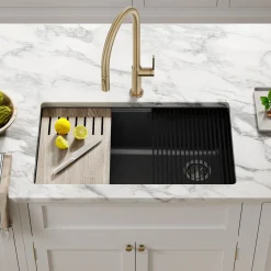 Bellucci Workstation 32 in. Undermount Granite Composite Single Bowl Kitchen Sink in Metallic Black with WasteGuard™ 1 HP Continuous Feed Garbage Disposal and Accessories