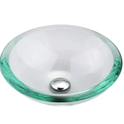 Clear Glass Vessel 17" Bathroom Sink w/ Pop-Up Drain in Satin Nickel