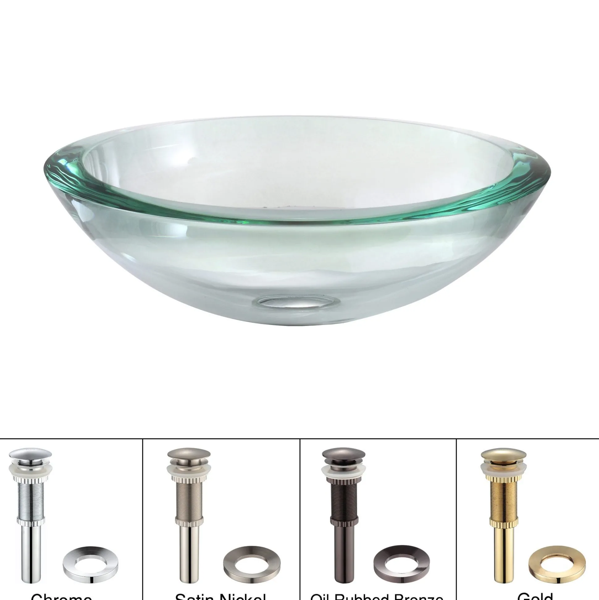 Clear Glass Vessel 17" Bathroom Sink w/ Pop-Up Drain in Satin Nickel