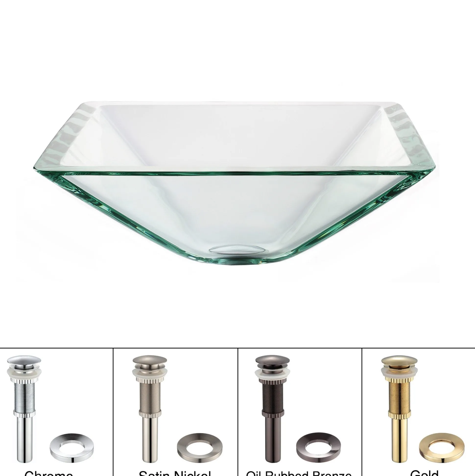 Clear Square Glass Vessel 16 1/2" Bathroom Sink w/ Pop-Up Drain in Satin Nickel