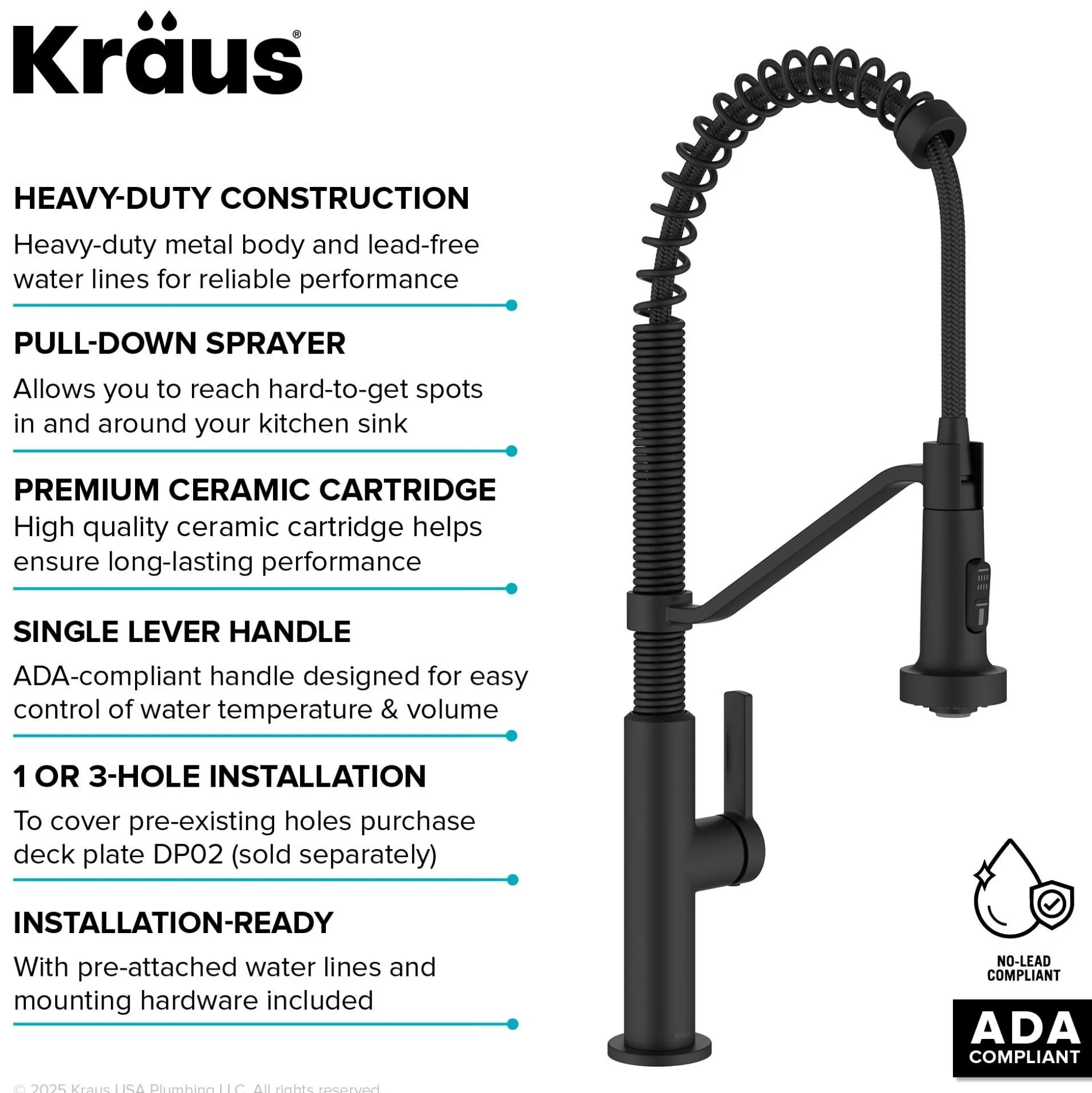Commercial Style 2-Function Single Handle Pull Down Kitchen Faucet in Matte Black