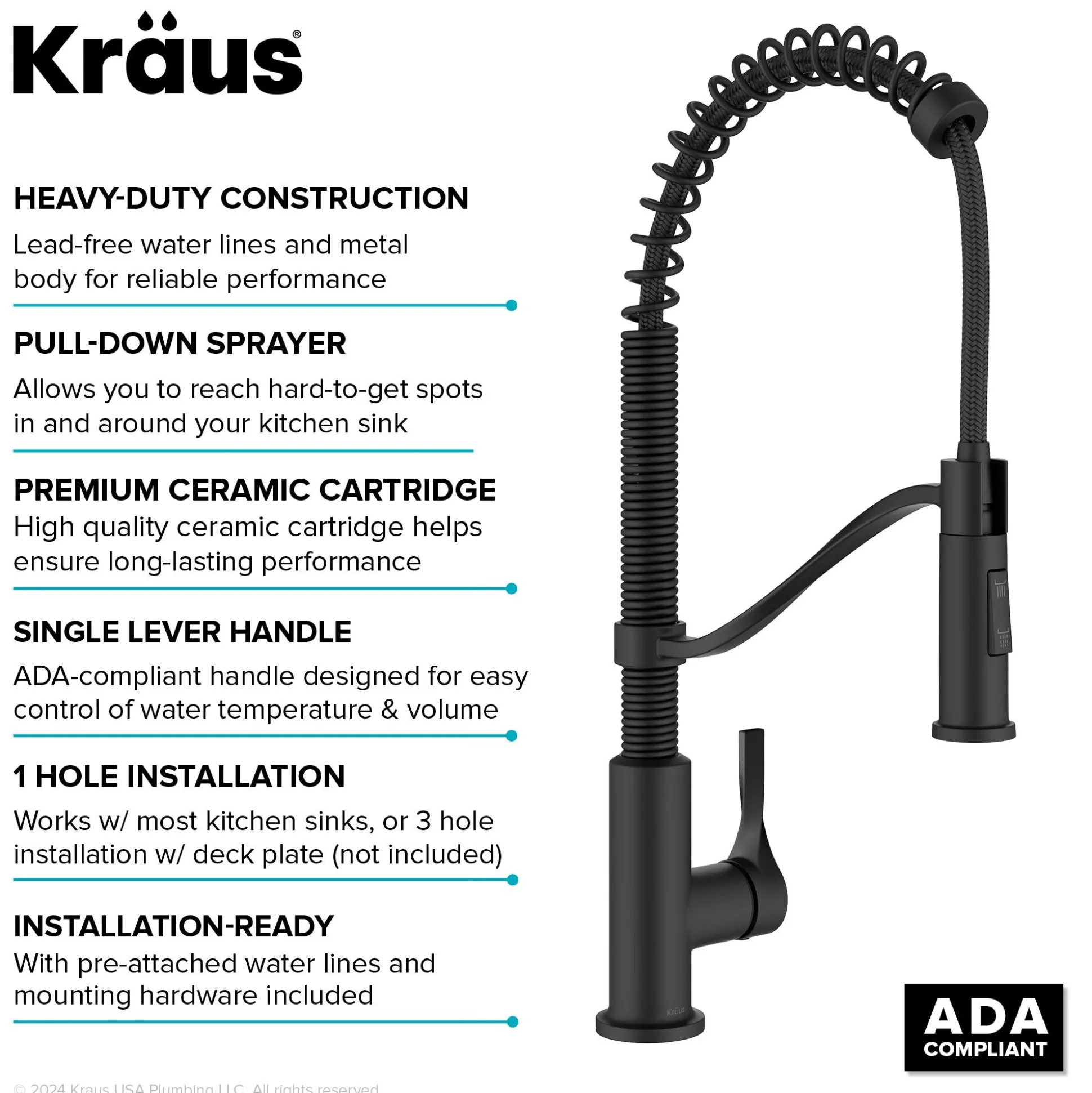 Commercial Style 2-Function Single Handle Pull Down Kitchen Faucet in Matte Black
