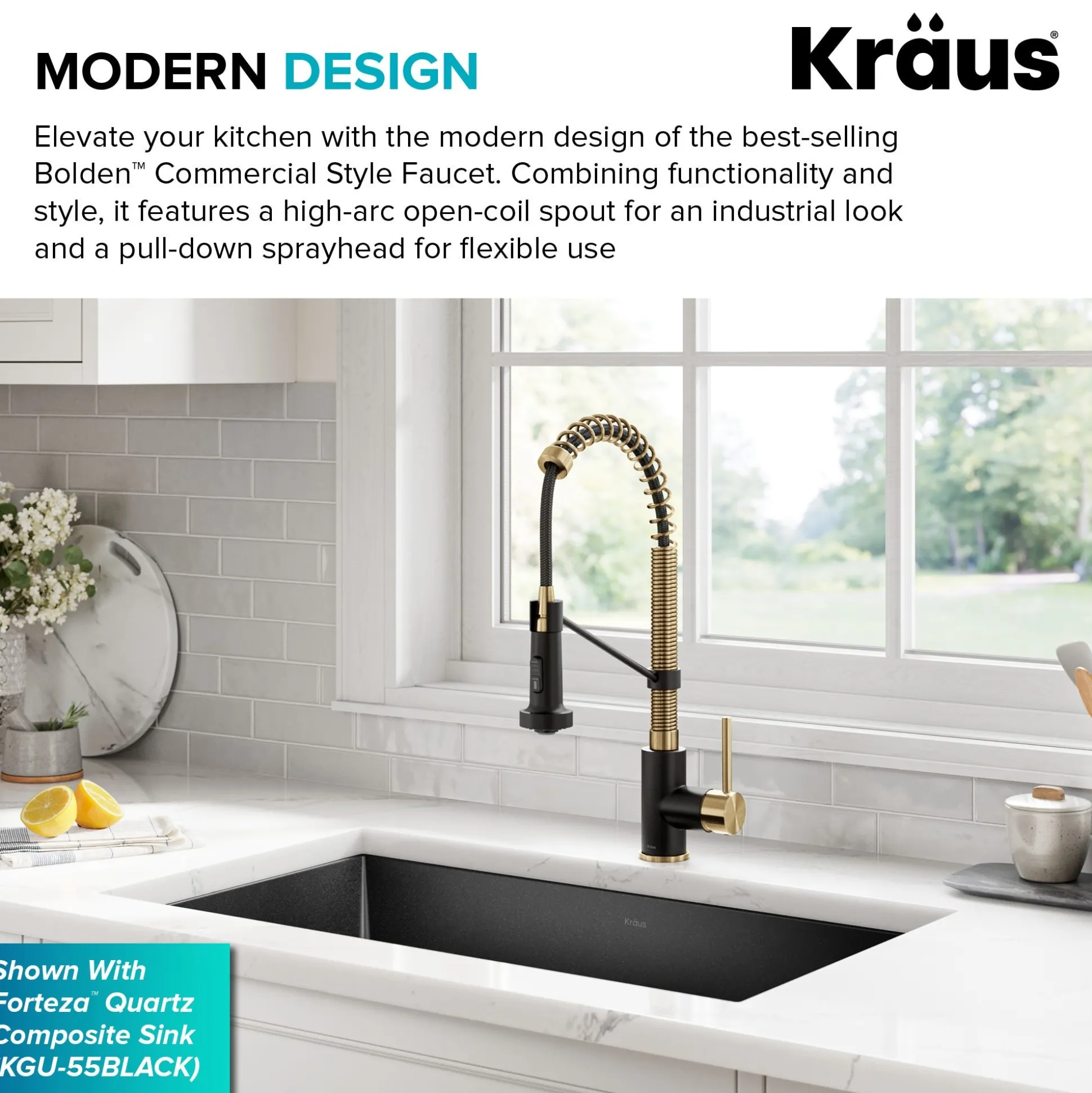 Commercial Style 2-Function Single Handle Pull Down Kitchen Faucet in Brushed Brass / Matte Black