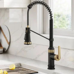 Commercial Style 2-Function Single Handle Pull Down Kitchen Faucet in Spot-Free Brushed Brass / Matte Black