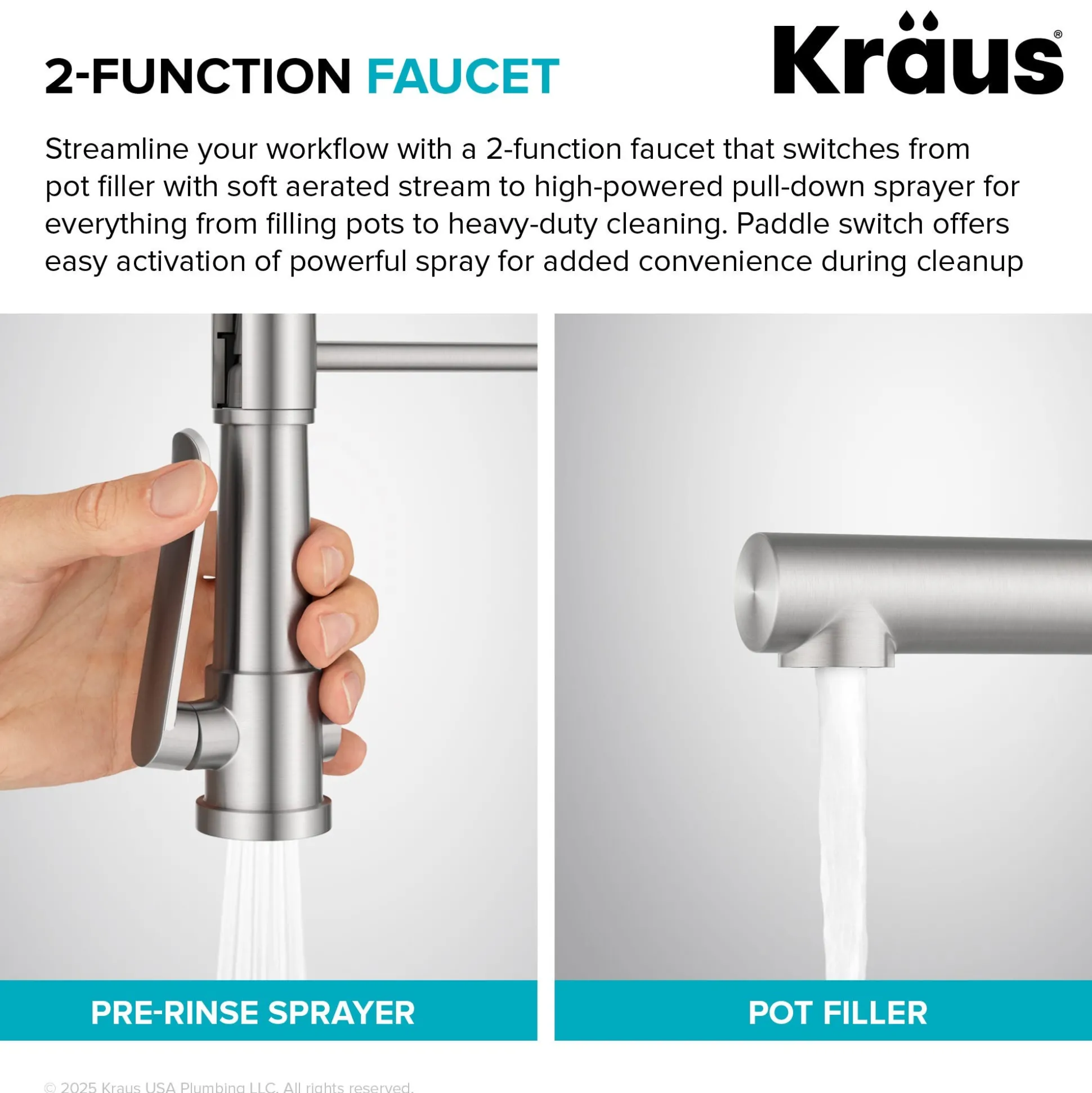 Commercial Style 2-Function Single Handle Pull Down Kitchen Faucet with Pot Filler in Spot-Free Stainless Steel / Matte Black