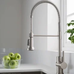 Commercial Style Kitchen Faucet with Deck Plate and Soap Dispenser in all-Brite Spot Free Stainless Steel