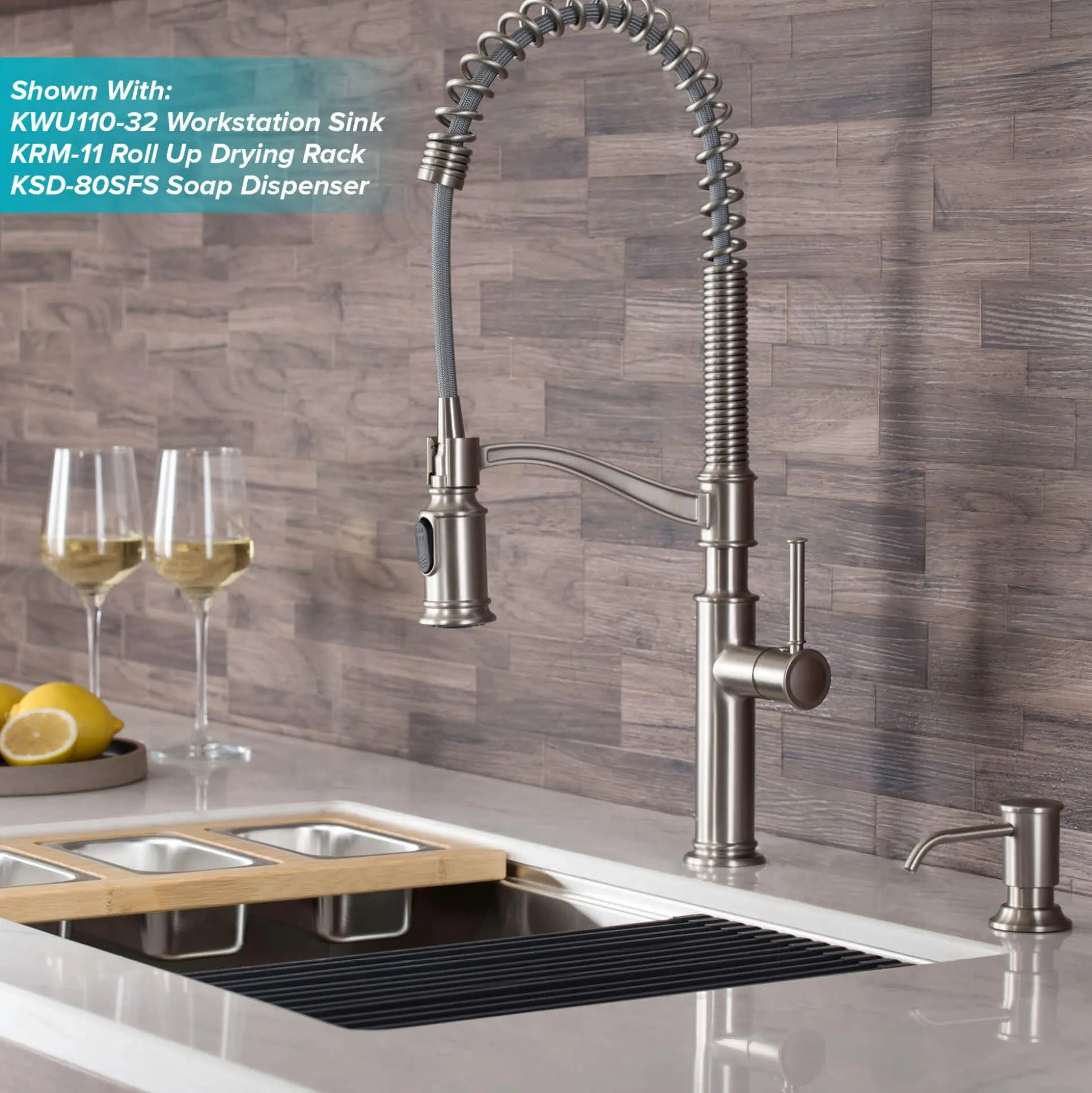 Commercial Style Pull-Down Kitchen Faucet with Deck Plate and Soap Dispenser in Spot Free Stainless Steel