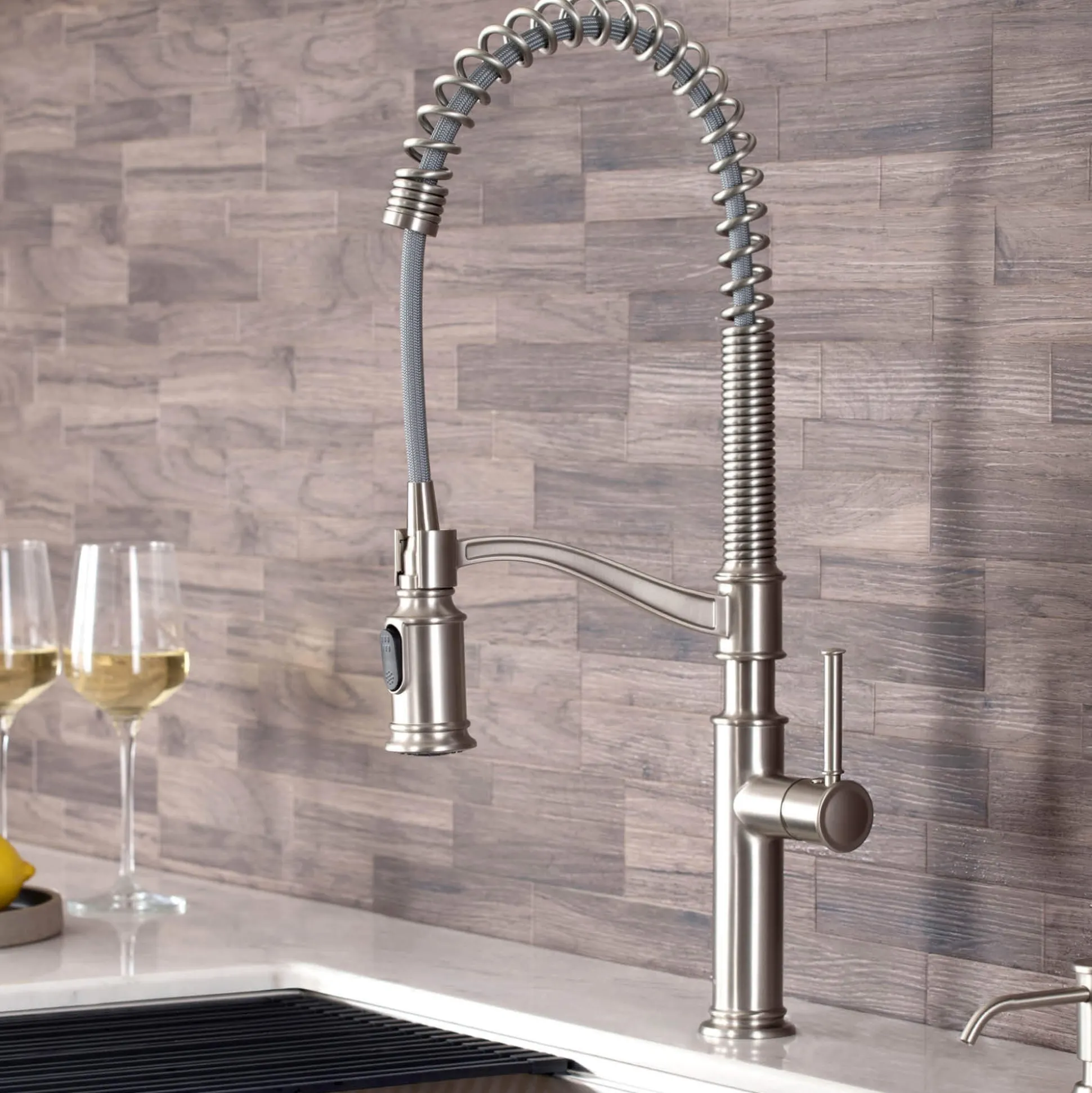 Commercial Style Pull-Down Kitchen Faucet with Deck Plate and Soap Dispenser in Spot Free Stainless Steel