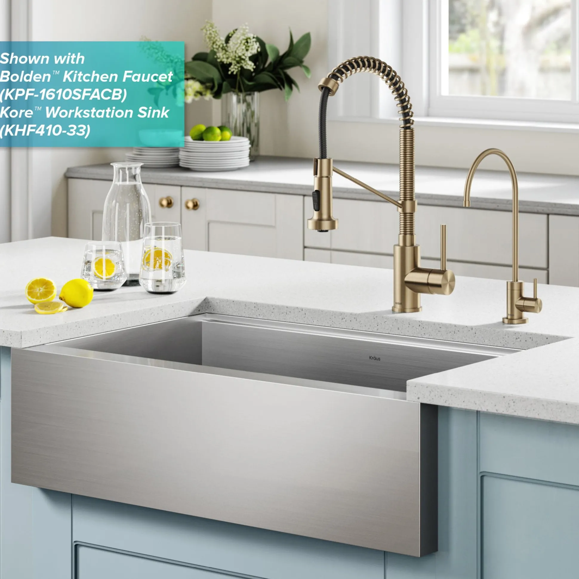 Commercial Style Pull-Down Kitchen Faucet and Water Filter Faucet Combo in Spot Free Antique Champagne Bronze