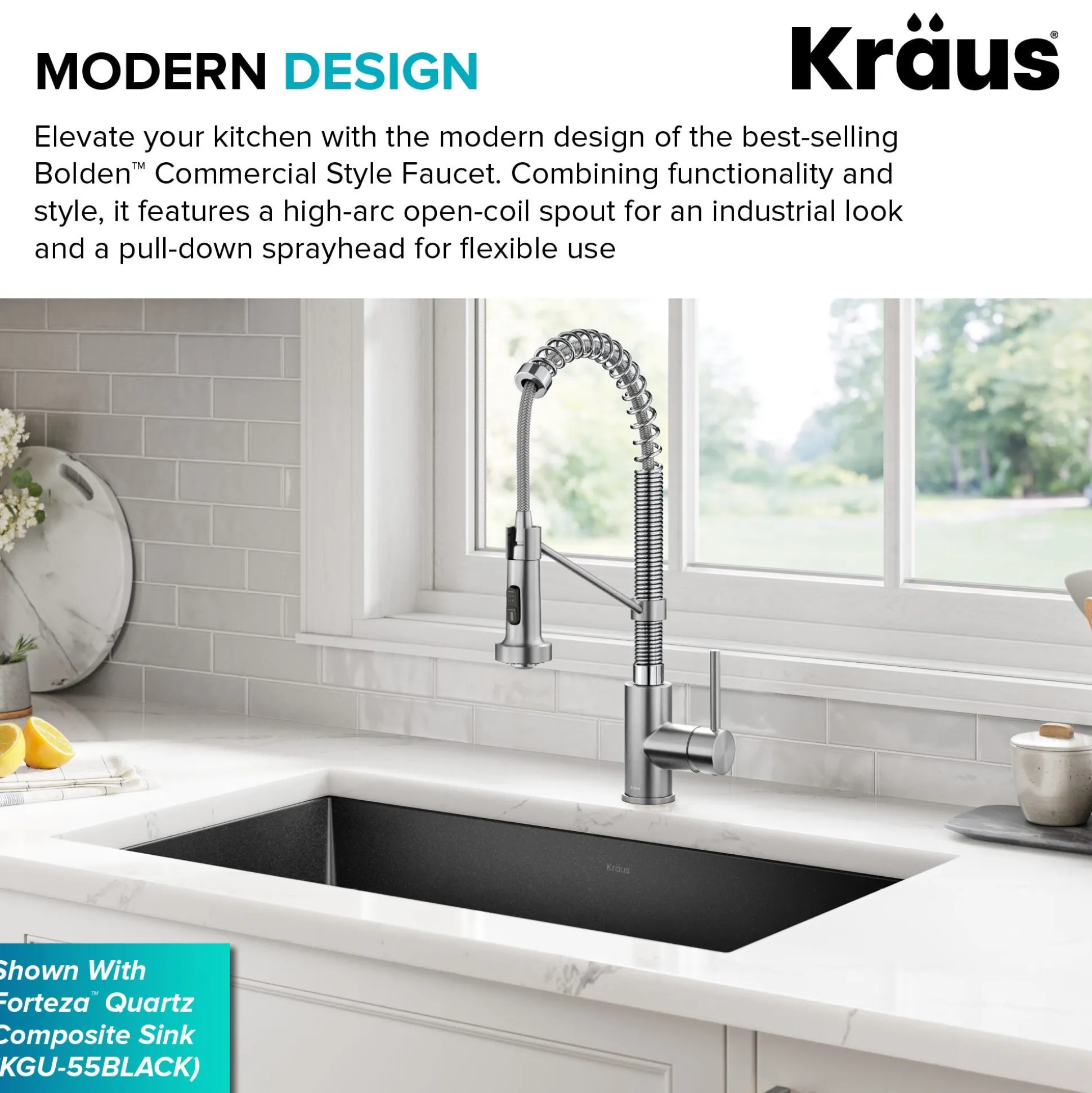 Commercial Style Pull-Down Single Handle 18" Kitchen Faucet in Spot Free Stainless Steel with Soap Dispenser