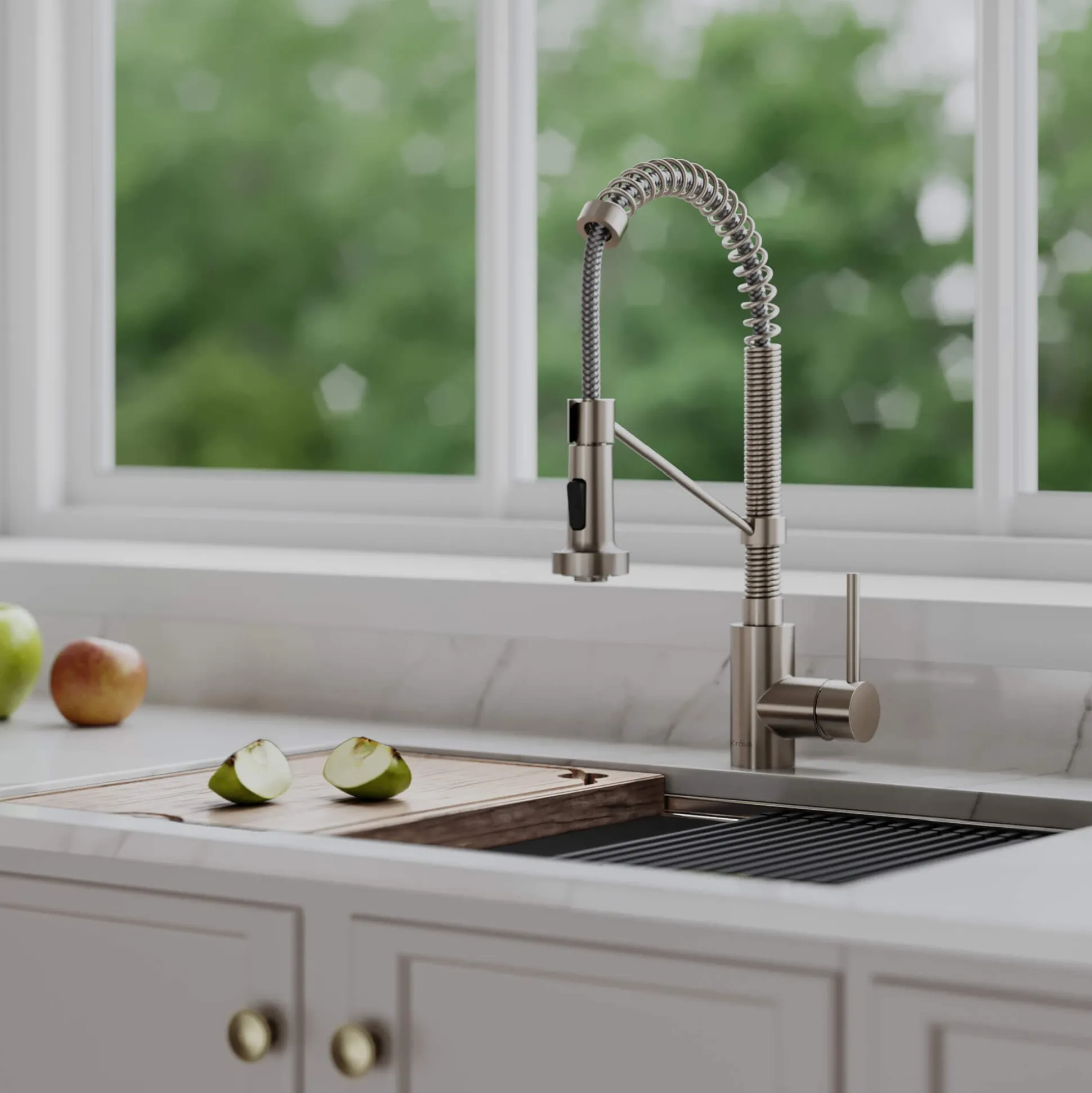 Commercial Style Pull-Down Single Handle 18" Kitchen Faucet in Spot Free Stainless Steel with Soap Dispenser
