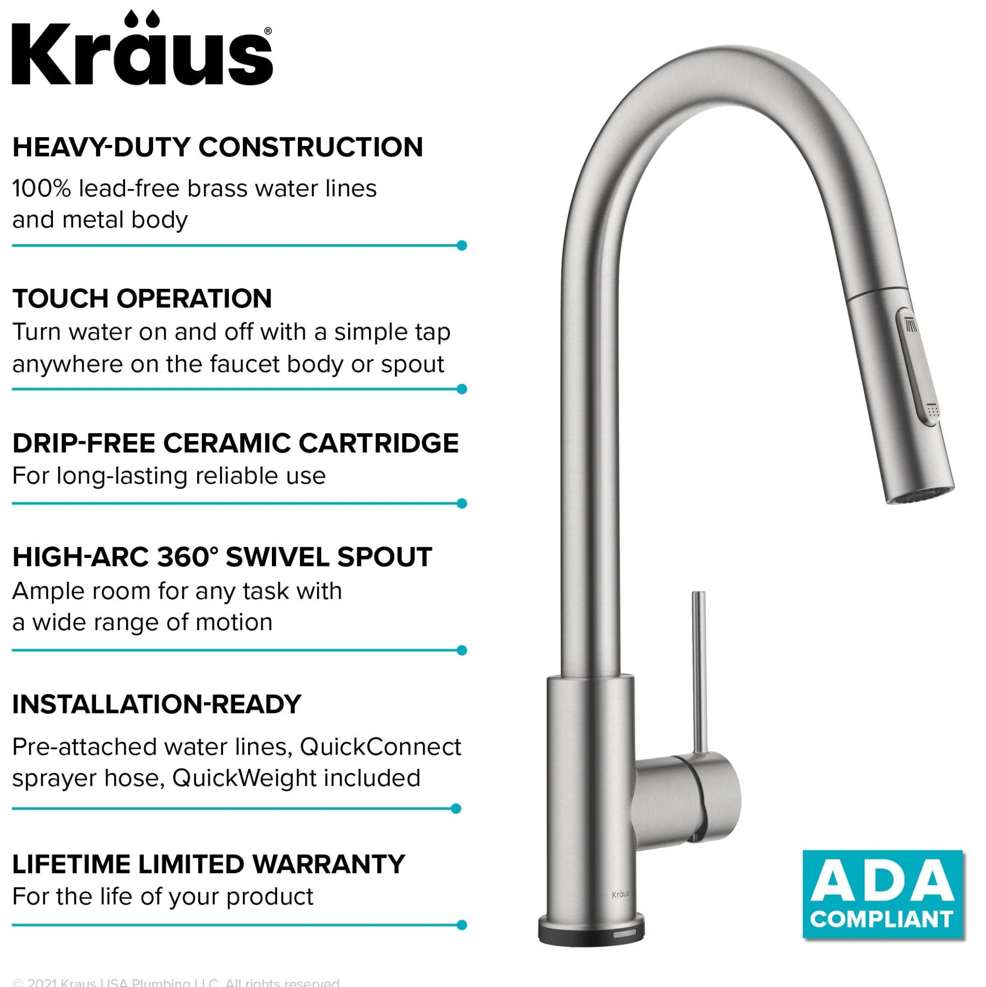 Contemporary Single-HandleTouch KitchenSink Faucet with Pull Down Sprayer in Spot Free Stainless Steel