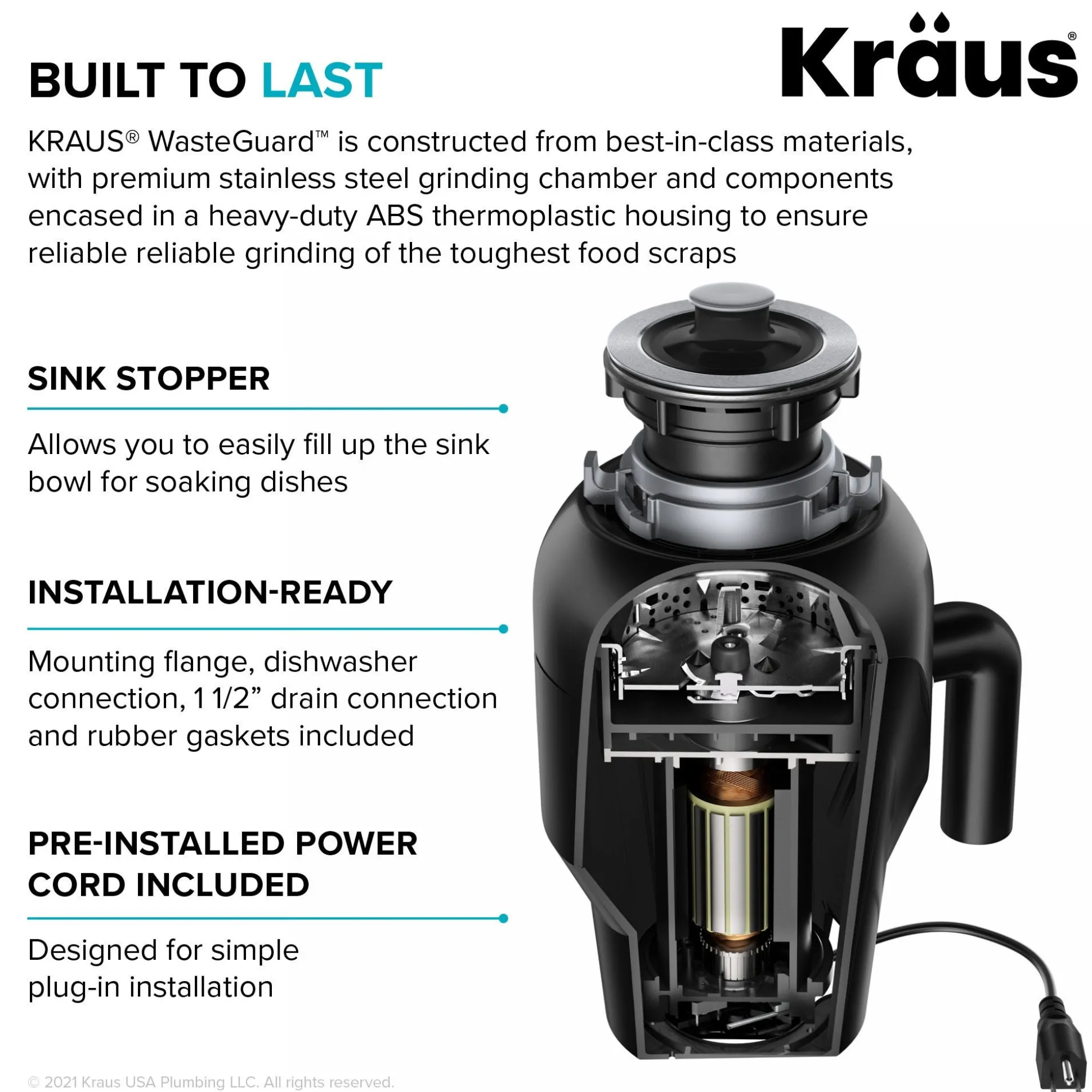 Continuous Feed Garbage Disposal with 3/4 HP Ultra-Quiet Motor for Kitchen Sinks with Power Cord and Flange Included