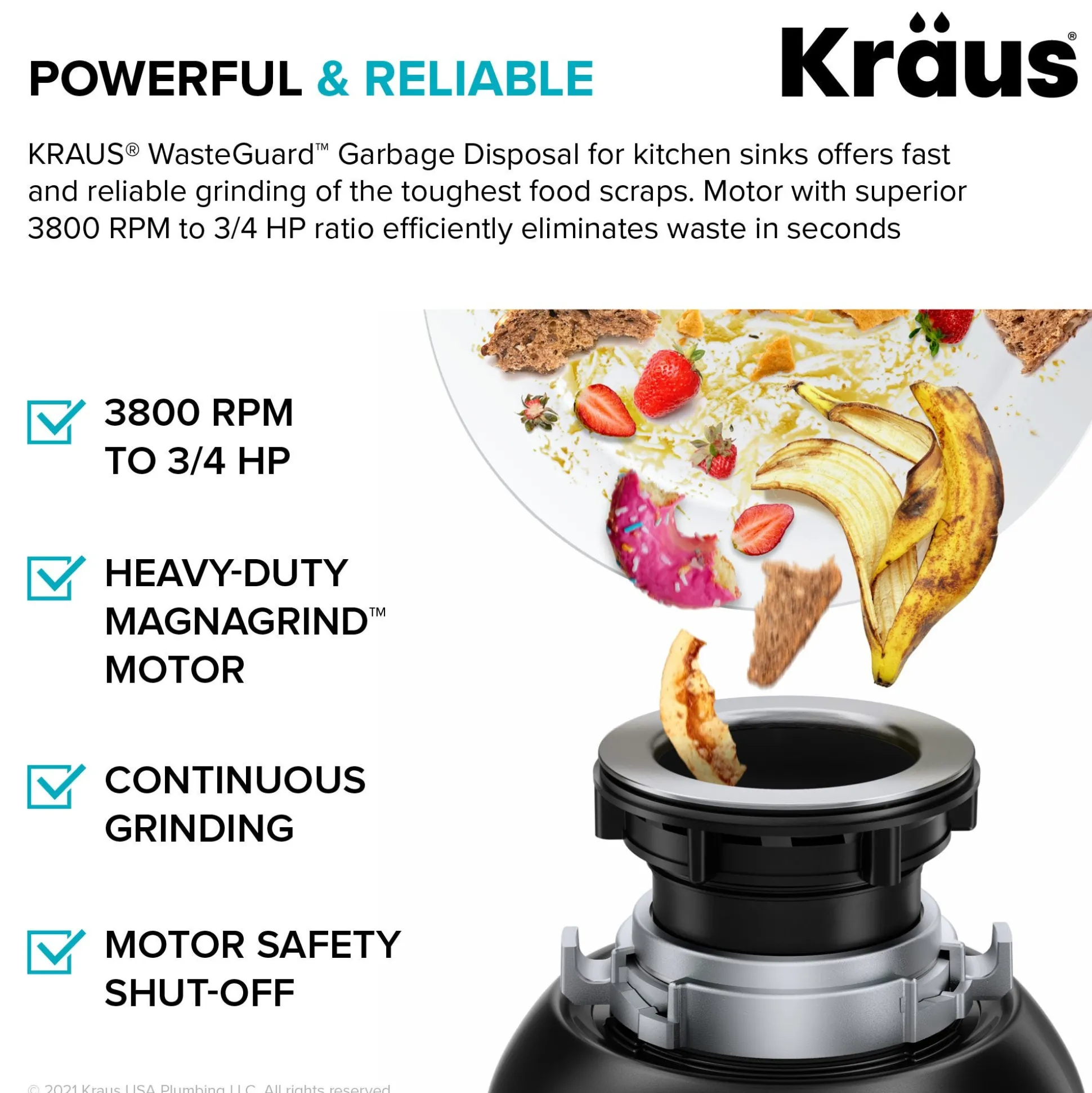Continuous Feed Garbage Disposal with 3/4 HP Ultra-Quiet Motor for Kitchen Sinks with Power Cord and Flange Included