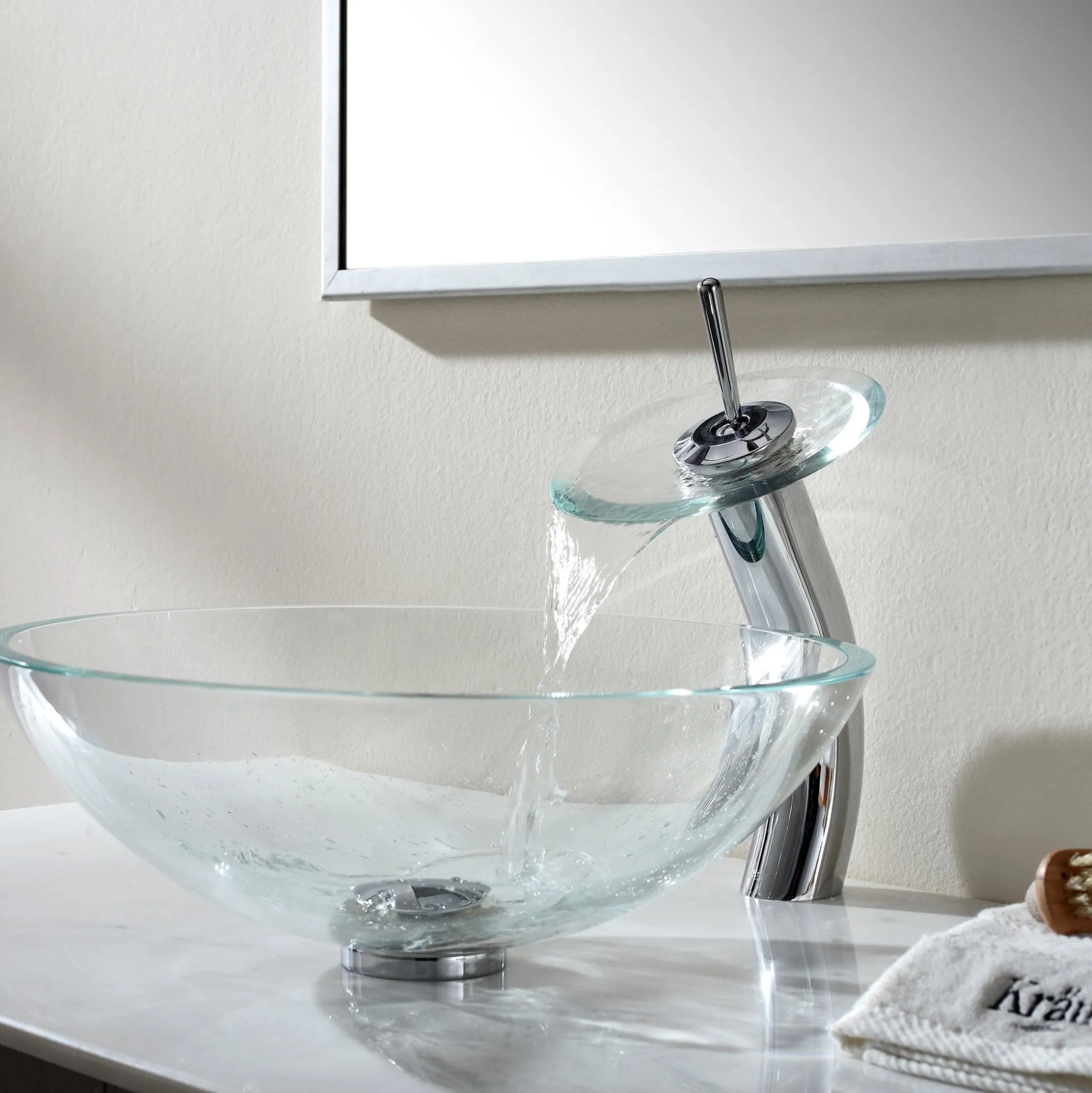 Crystal Clear Glass Vessel 16 1/2" Bathroom Sink w/ Pop-Up Drain in Chrome