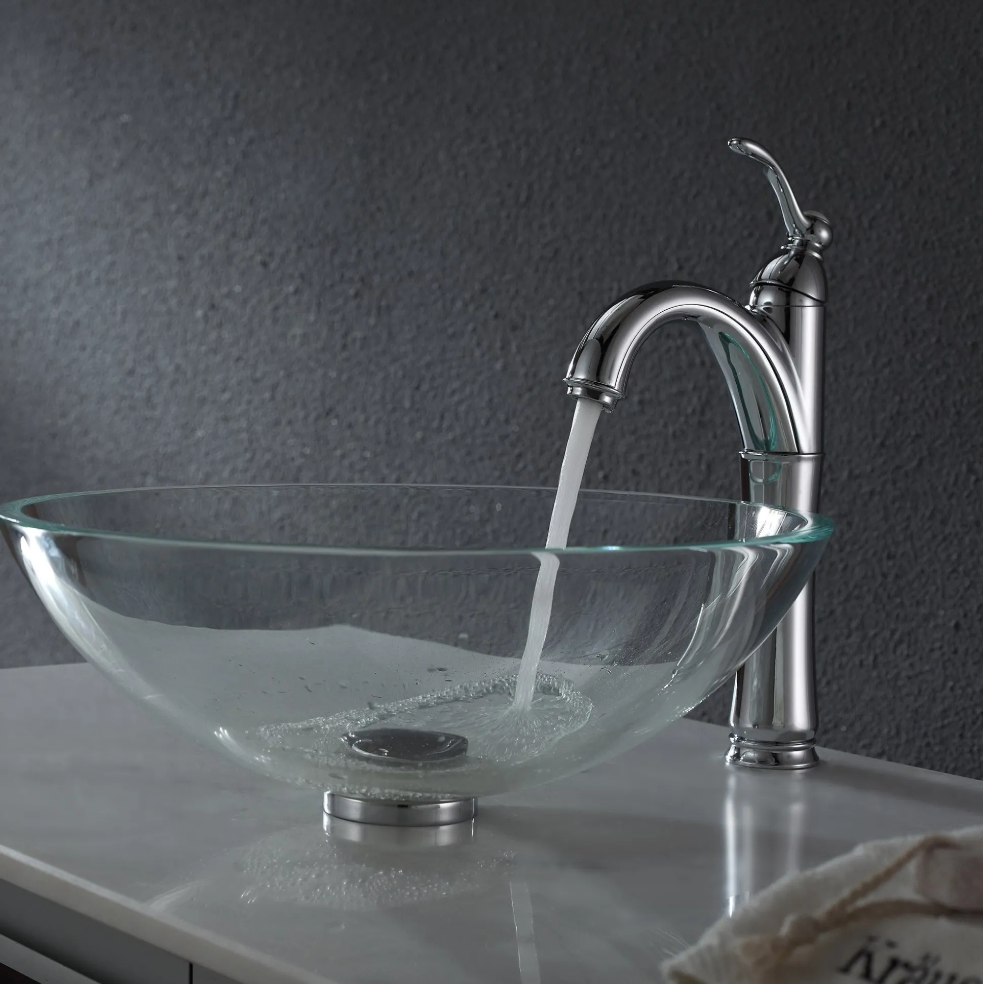 Crystal Clear Glass Vessel 16 1/2" Bathroom Sink w/ Pop-Up Drain in Chrome