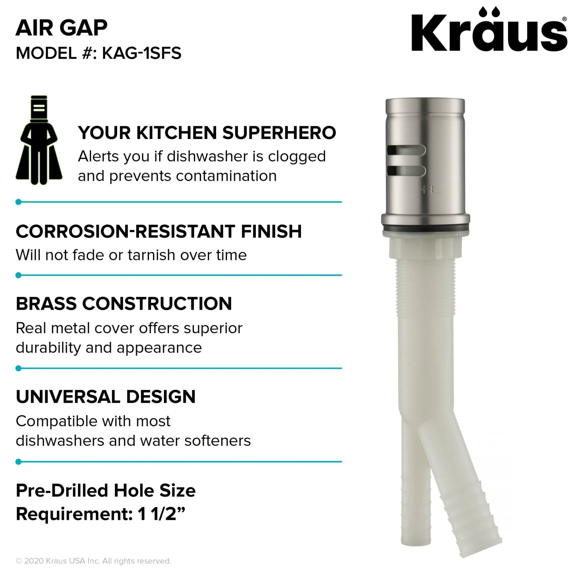 Dishwasher Air Gap in Spot Free all-Brite Stainless Steel
