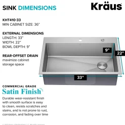 33" Drop-In/Top Mount 18 Gauge Stainless Steel Single Bowl Kitchen Sink