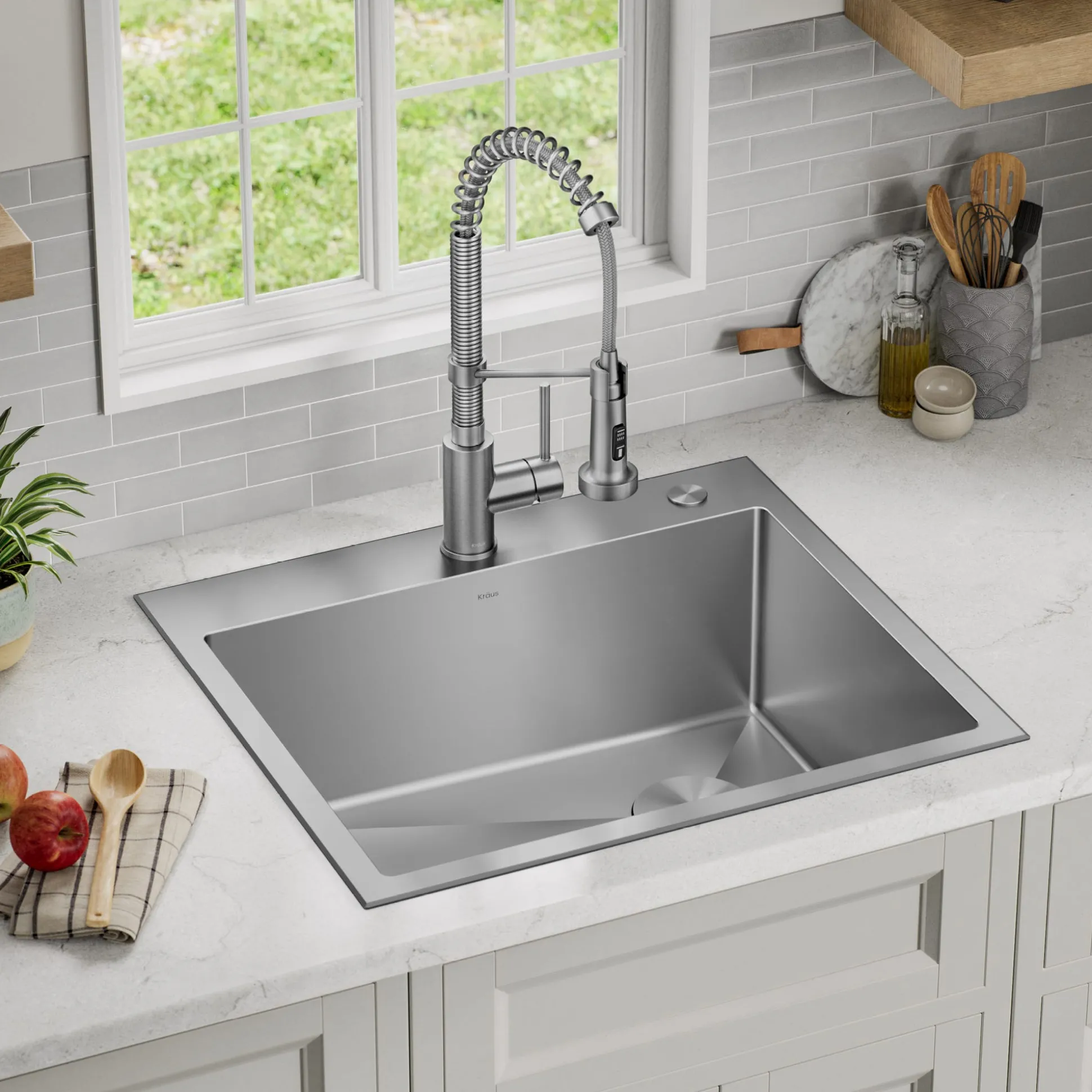 25" Drop-In/Top Mount Kitchen Sink w/ Bolden Commercial Pull-Down Faucet in Spot Free Stainless Steel