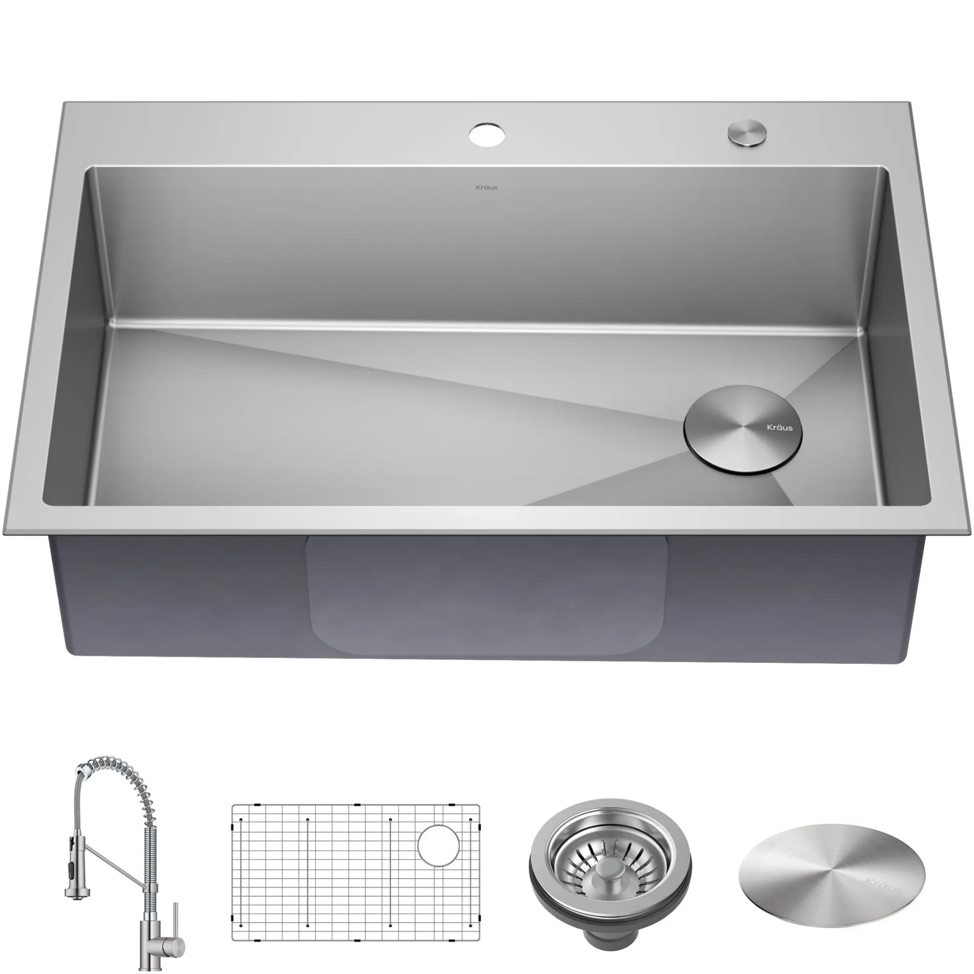 33" Drop-In/Top Mount Kitchen Sink w/ Bolden Commercial Pull-Down Faucet in Spot Free Stainless Steel/Chrome