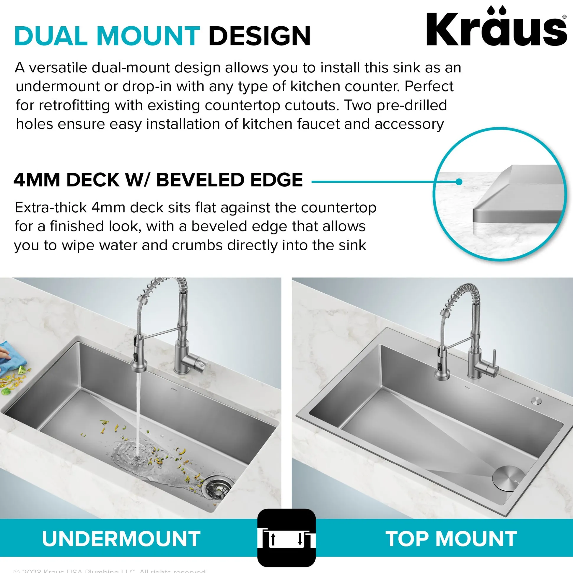 33" Drop-In/Top Mount Kitchen Sink w/ Bolden Commercial Pull-Down Faucet in Spot Free Stainless Steel
