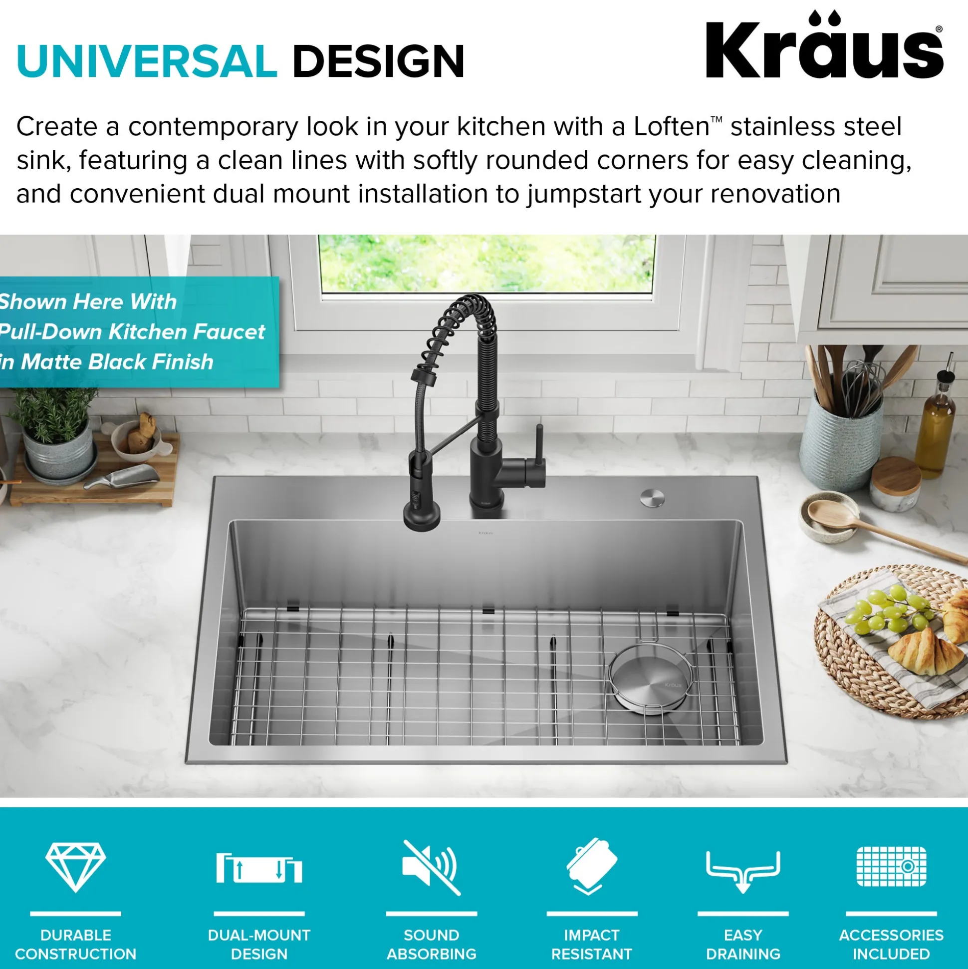 33" Drop-In/Top Mount Kitchen Sink w/ Bolden Commercial Pull-Down Faucet in Spot Free Stainless Steel