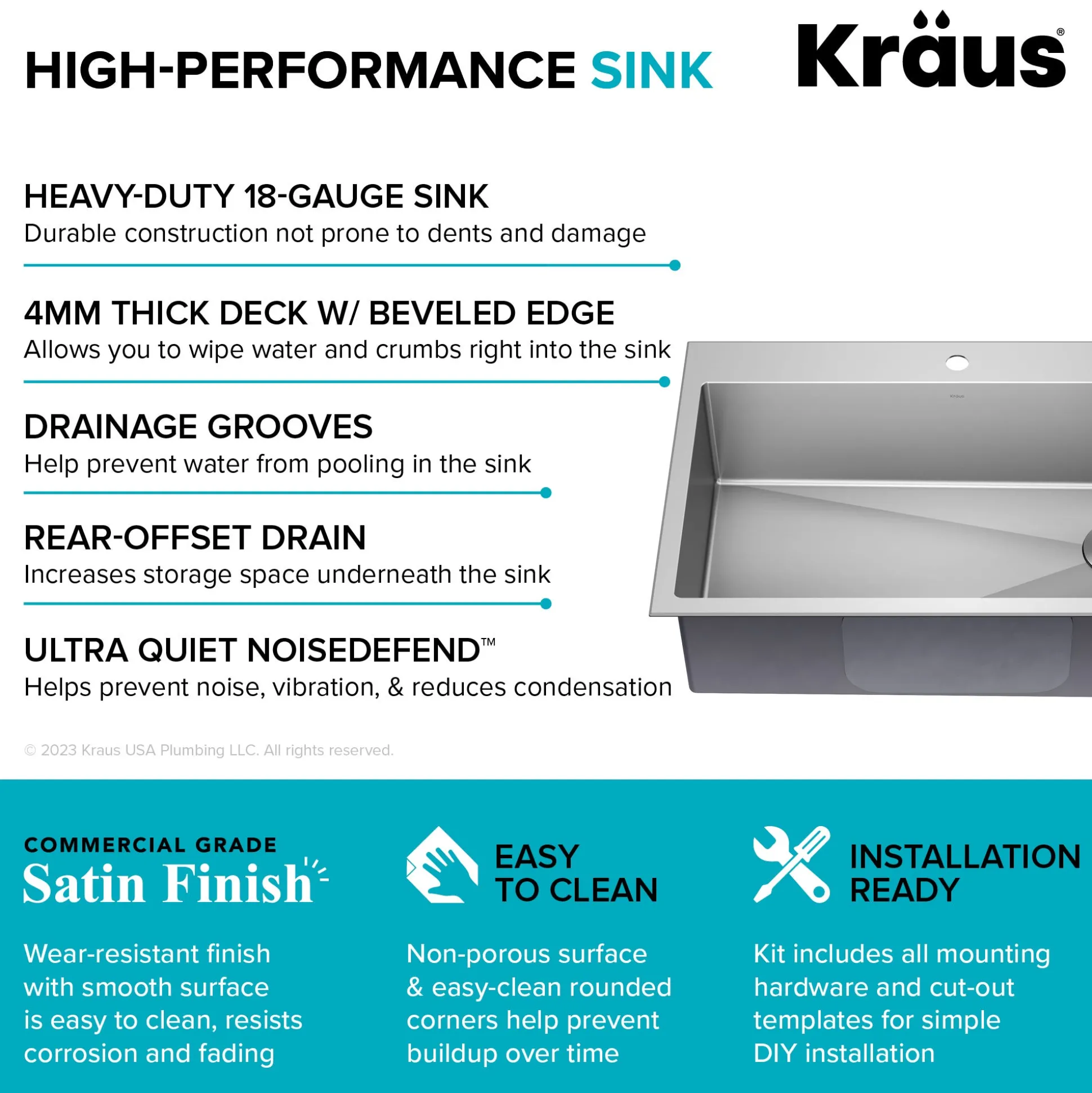 33" Drop-In/Top Mount Kitchen Sink w/ Bolden Commercial Pull-Down Faucet in Matte Black