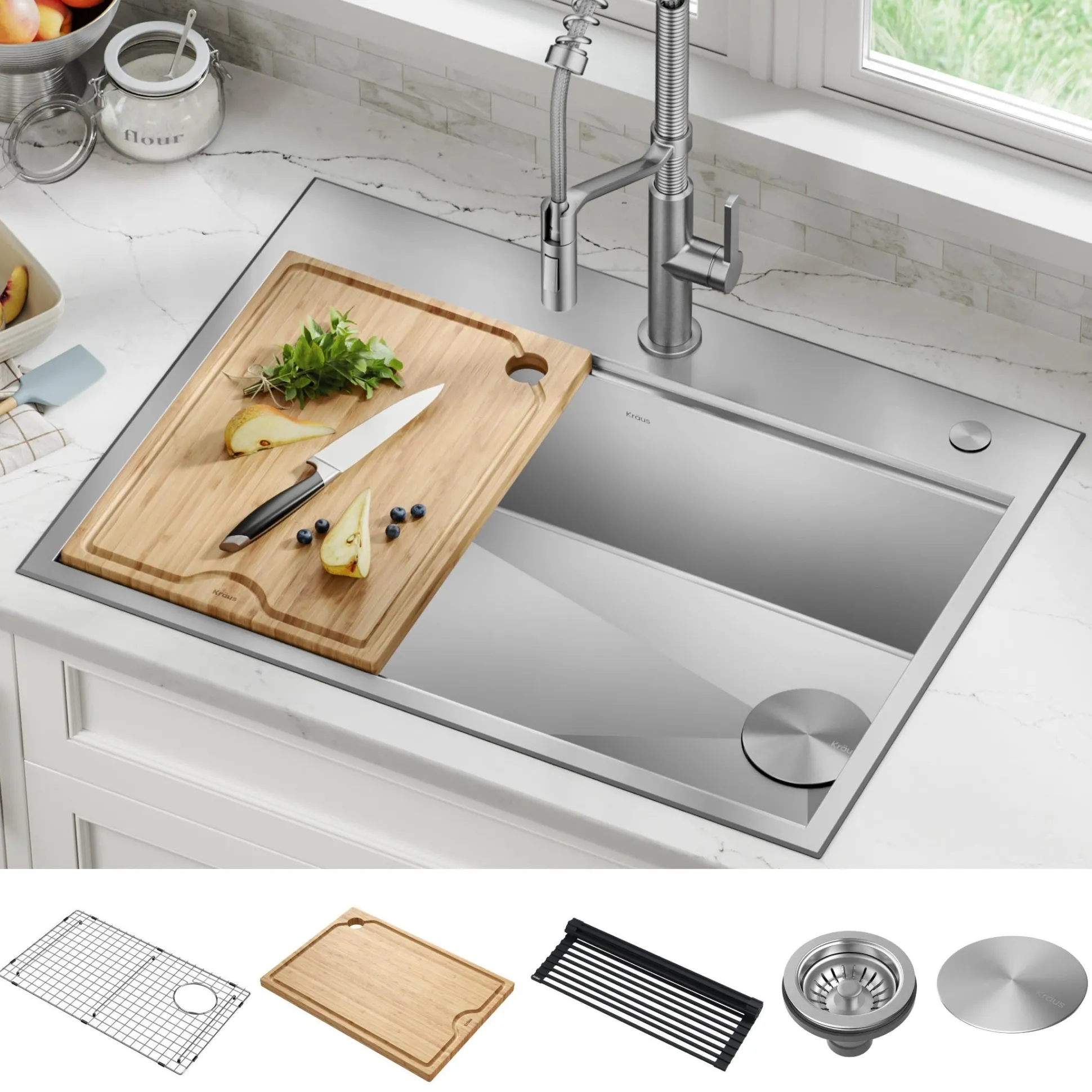 30" Drop In / Top Mount Workstation 16 Gauge Single Bowl Stainless Steel Kitchen Sink with Accessories
