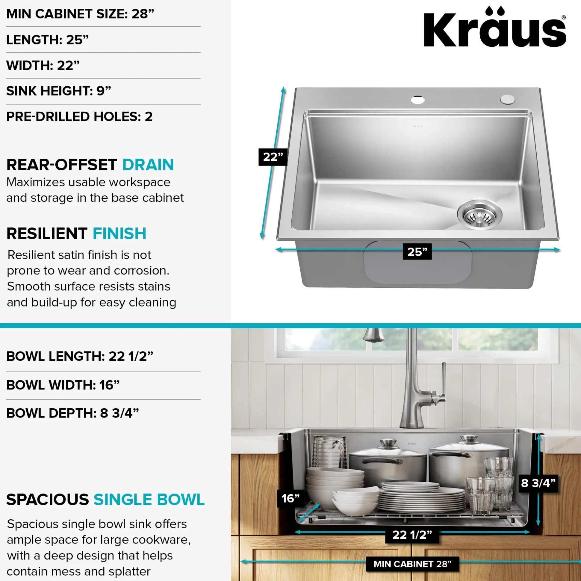25”Drop In / Top Mount Workstation Single Bowl 18-GaugeStainless Steel Kitchen Sinkwith Accessories