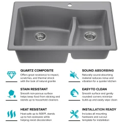 33” Drop-In / Undermount 60/40 Double Bowl Granite Kitchen Sink in Grey