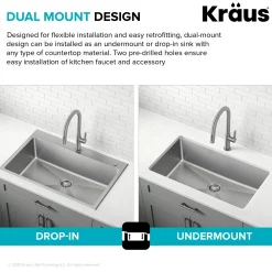 33” Drop-In / Undermount 18 Gauge Stainless Steel Single Bowl Kitchen Sink and Pull-Down Faucet in Spot-Free Stainless Steel Finish