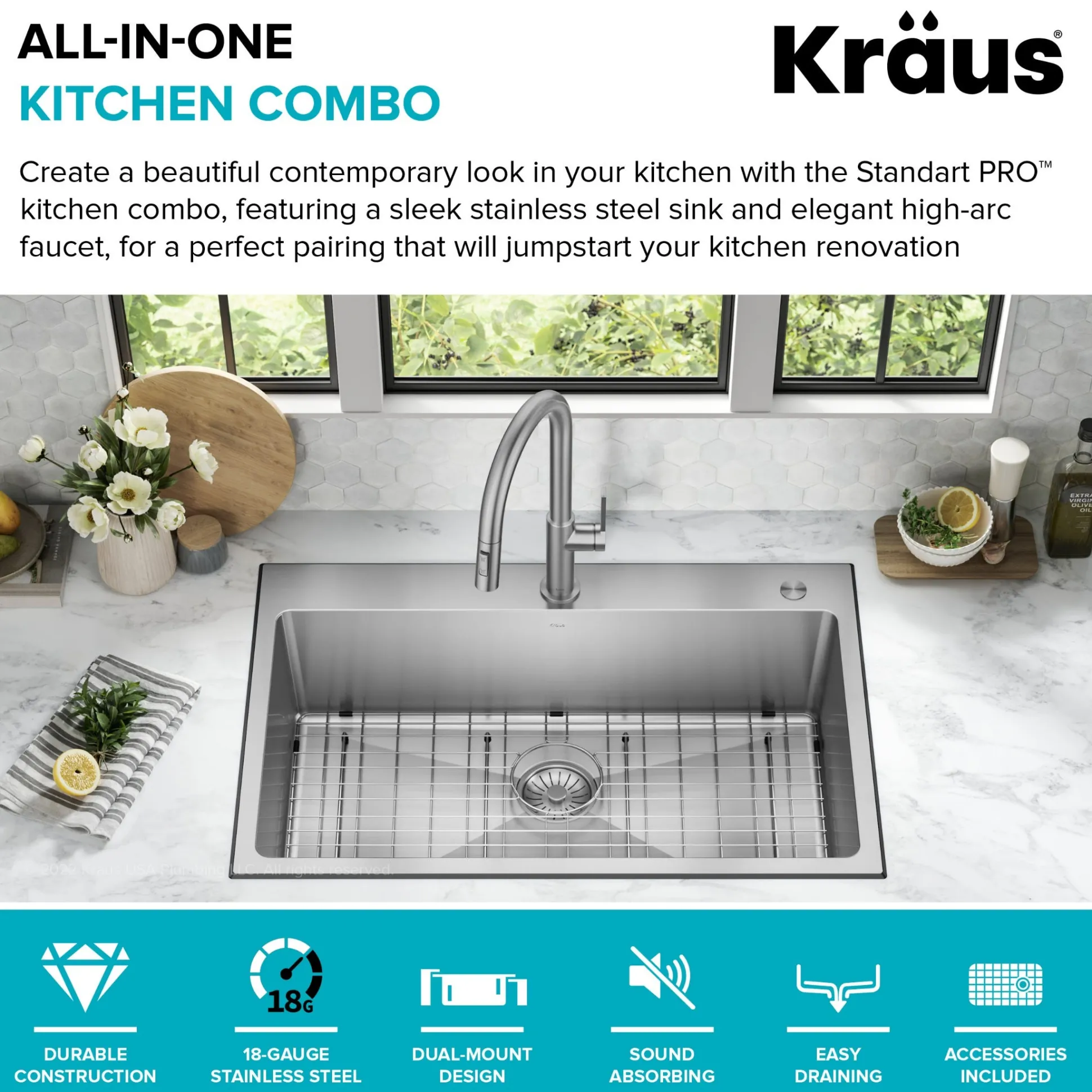 33” Drop-In / Undermount 18 Gauge Stainless Steel Single Bowl Kitchen Sink and Pull-Down Faucet in Spot-Free Stainless Steel Finish
