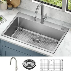 33” Drop-In / Undermount 18 Gauge Stainless Steel Single Bowl Kitchen Sink and Pull-Down Faucet in Spot-Free Stainless Steel Finish