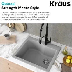25" Drop-In/Undermount Granite Single Bowl Kitchen Sink and Strainer in Grey