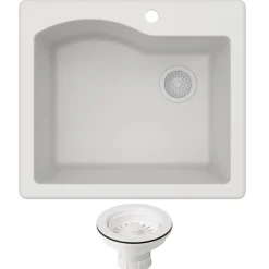 25" Drop-In/Undermount Granite Single Bowl Kitchen Sink and Strainer in White