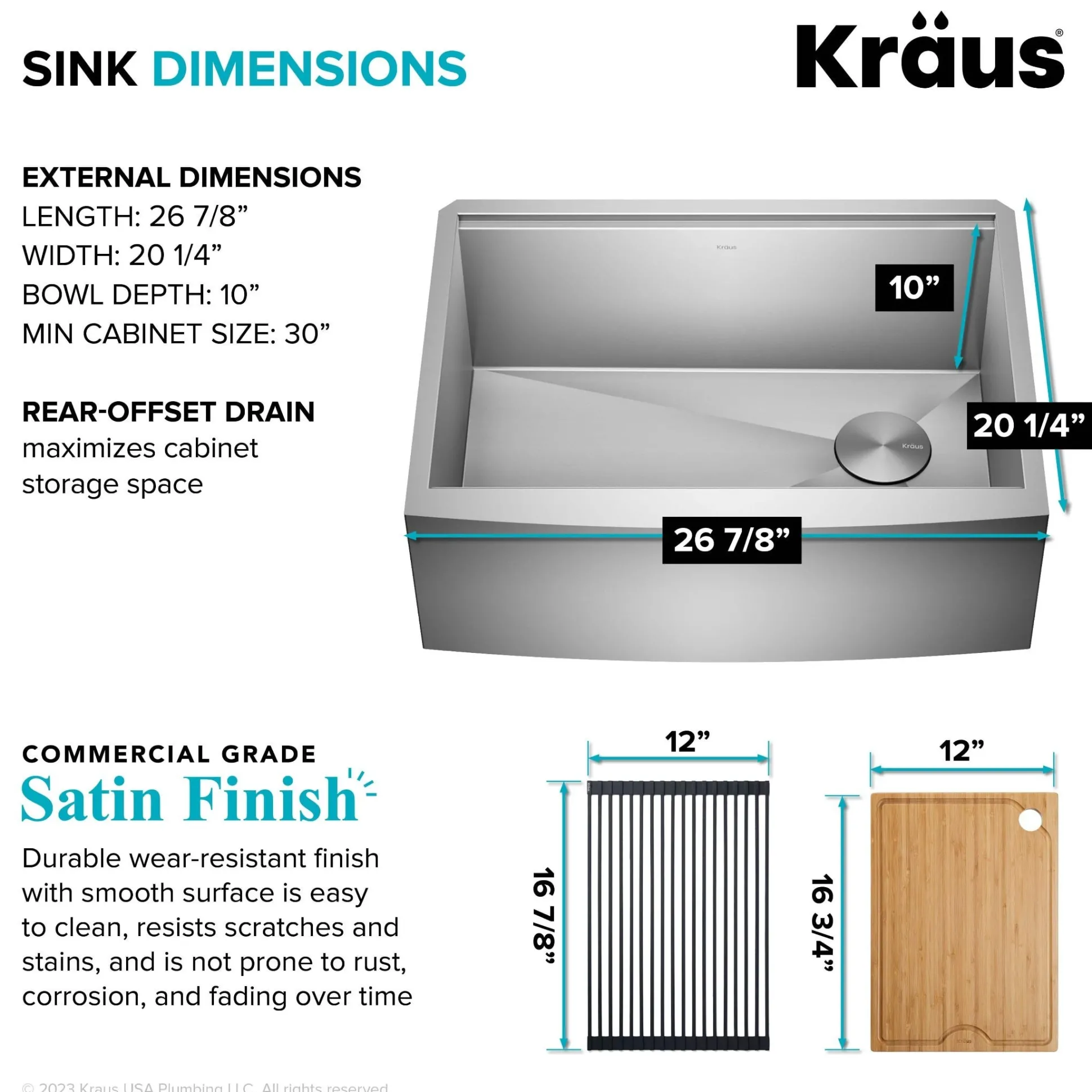 27" Farmhouse Workstation 16 Gauge Single Bowl Stainless Steel Kitchen Sink with Accessories