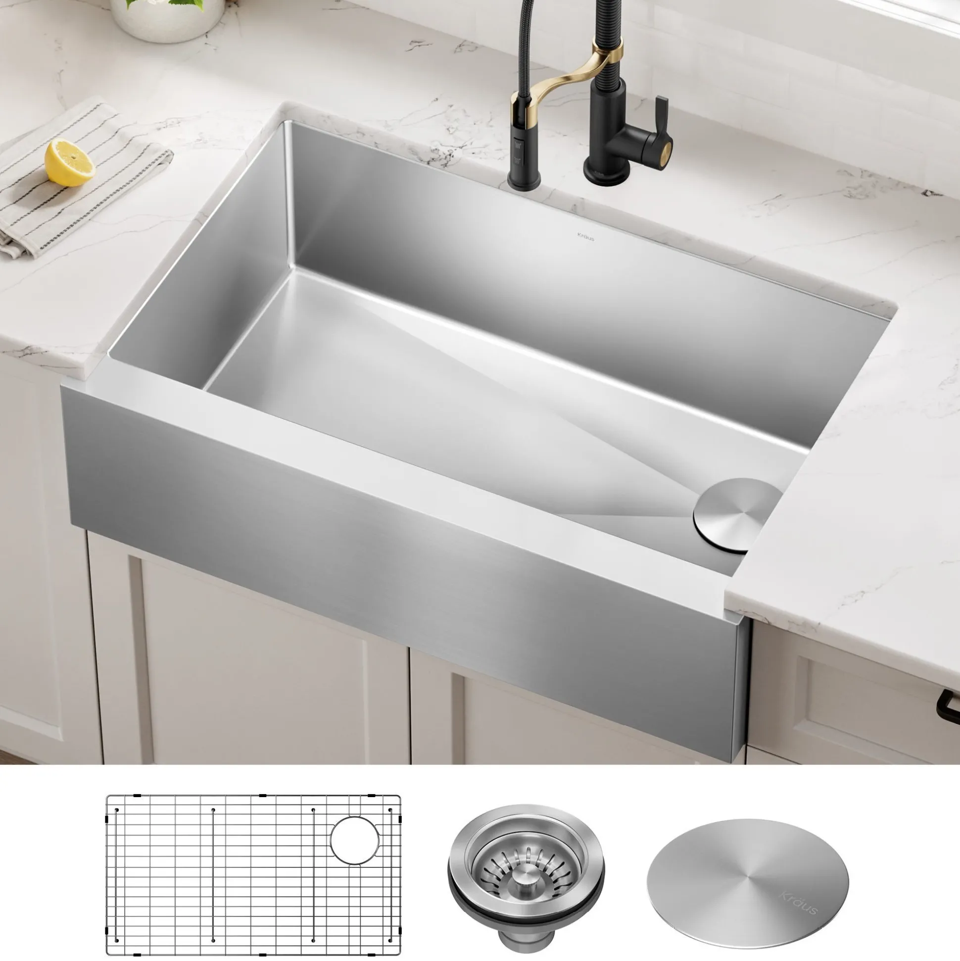 33" Flat Apron Front Farmhouse 16 Gauge Single Bowl Stainless Steel Kitchen Sink