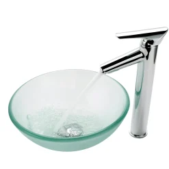 Frosted Glass Vessel 14" Bathroom Sink w/ Pop-Up Drain in Satin Nickel